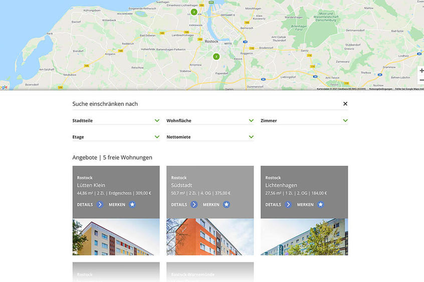 Überblick über die freien Wohnungen auf der Karte – und mit Optionen