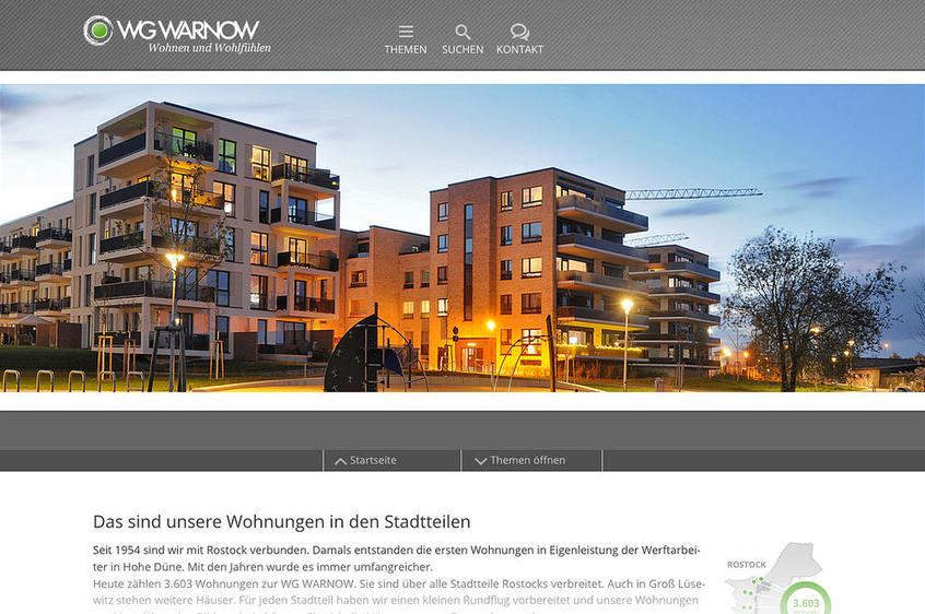 Webdesign, Startseite mit Stadtteilvideo, WG WARNOW, Rostock